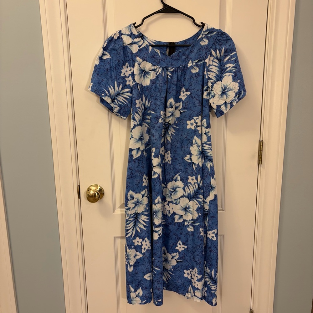 Two Palms 100% Cotton Blue Floral Short-Sleeve Women's Dress Size Large